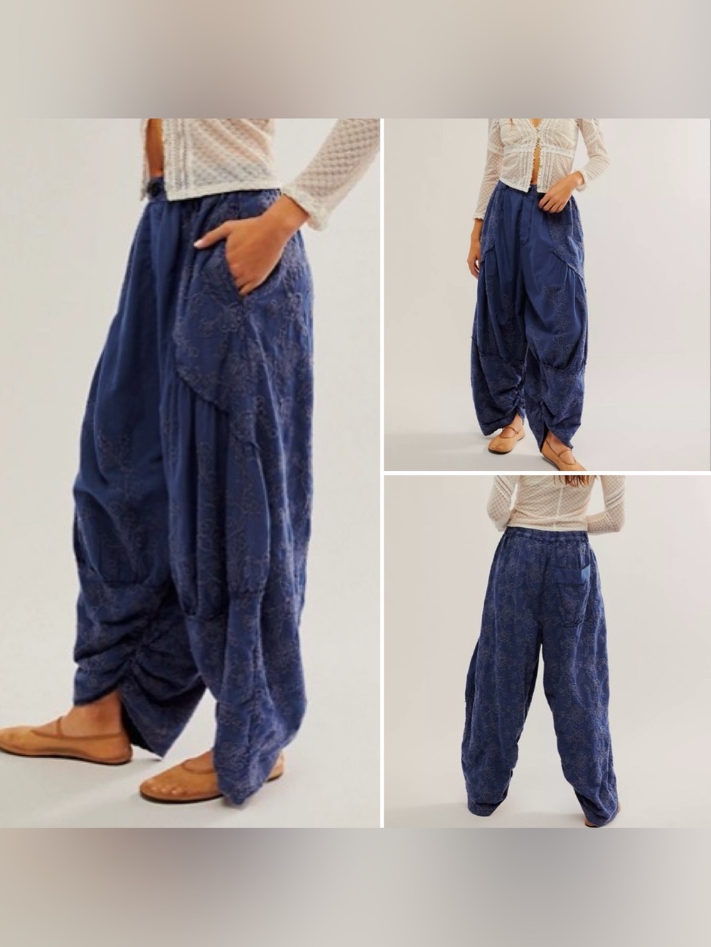 Free People Easy Love Embroidered Pull-On Pants in Blue Women's Small Oversized